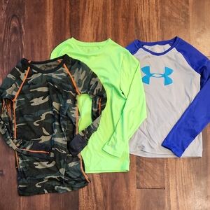 L/XL,Under Armour Camo, Neon Green, and Blue Long Sleeve Shirts